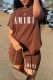 Light Brown Casual Print Letter O Neck Short Sleeve Two Pieces