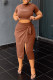 Brown Casual Letter Print Frenulum Slit Short Sleeve Two Pieces