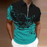 White Black Men's Floral Graphic Prints Turndown Zipper Short Sleeves Polo Shirt