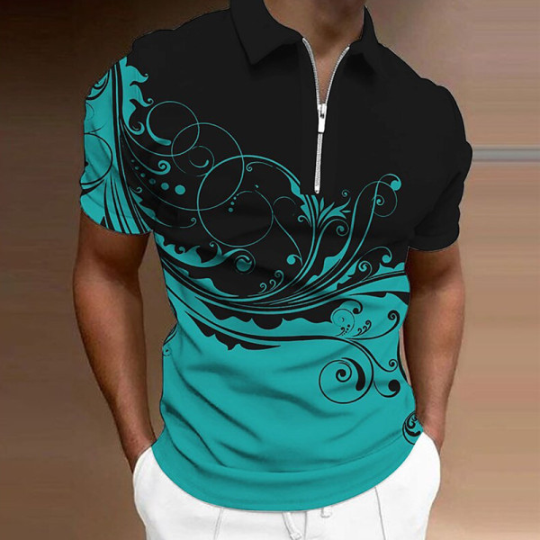 Lake Green Men's Floral Graphic Prints Turndown Zipper Short Sleeves Polo Shirt