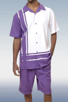White Purple Two Piece Short Sleeve Print Walking Suit Set With Shorts