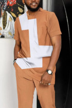 Brown Men's Casual Colorblock Walking Suit-011