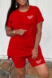 Red Casual Print Letter O Neck Short Sleeve Two Pieces