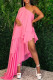 Rose Red Sweet Elegant Vacation Solid Fold Oblique Collar Irregular Dress Dresses
