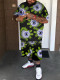 Green Casual plus size printed crew neck short sleeve suit
