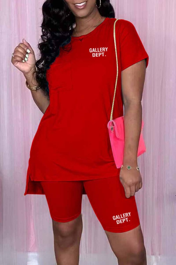 Red Casual Print Letter O Neck Short Sleeve Two Pieces