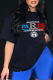 Black Casual Street Print Patchwork Letter O Neck T-Shirts