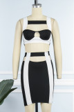Black Sexy Patchwork Hollowed Out Backless Contrast Mandarin Collar Sleeveless Two Pieces