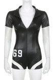 Black Sexy Street Simplicity Print Patchwork Zipper Reflective V Neck Skinny Rompers