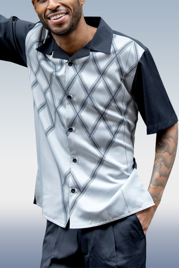Blue Black Black Criss Cross Print Walking Suit 2 Piece Short Sleeve Set