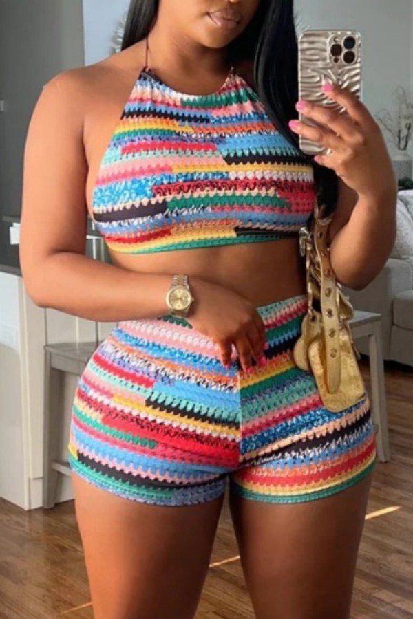 Multi-color Sexy Casual Print Bandage Backless O Neck Sleeveless Two Pieces