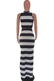 Black Casual Striped Patchwork Slit O Neck Sleeveless Two Pieces