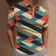Multicolor Colorblock Plaid Print Casual Loose Short-Sleeved Polo Shirt