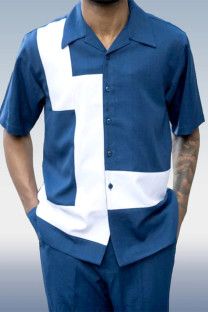 Dark Blue White Men's 2 Piece Short Sleeve Walking Suit Tetris Color Block in Blue
