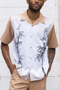 Khaki Tan Tropical Print Walking Suit 2 Piece Short Sleeve Set