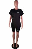 Red Casual Print Letter O Neck Short Sleeve Two Pieces
