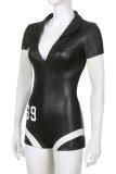 Black Sexy Street Simplicity Print Patchwork Zipper Reflective V Neck Skinny Rompers