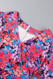 Fuchsia Casual Street Print Patchwork Fold V Neck One Step Skirt Dresses