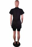 Red Casual Print Letter O Neck Short Sleeve Two Pieces