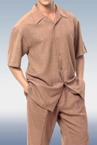 Light Brown Brown Walking Suit 2 Piece Solid Short Sleeve Suit
