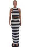 Black Casual Striped Patchwork Slit O Neck Sleeveless Two Pieces