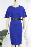 Royal Blue Casual Solid Patchwork With Belt O Neck One Step Skirt Dresses