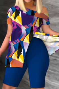 Blue Casual Work Street Print Patchwork Slit Oblique Collar Short Sleeve Two Pieces