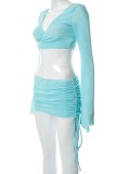 Cyan Sexy Solid Patchwork V Neck Long Sleeve Two Pieces