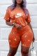 Orange Red Street Print Letter O Neck Short Sleeve Two Pieces