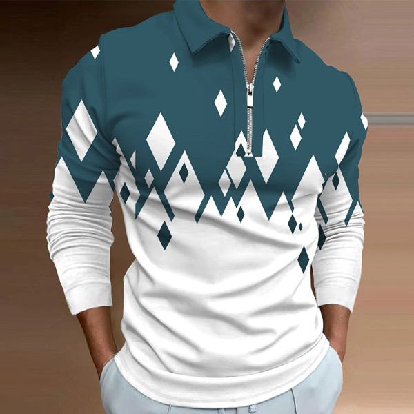 Blue White Men's Abstract Graphic Prints Turndown Long Sleeve Zipper Polo Shirt