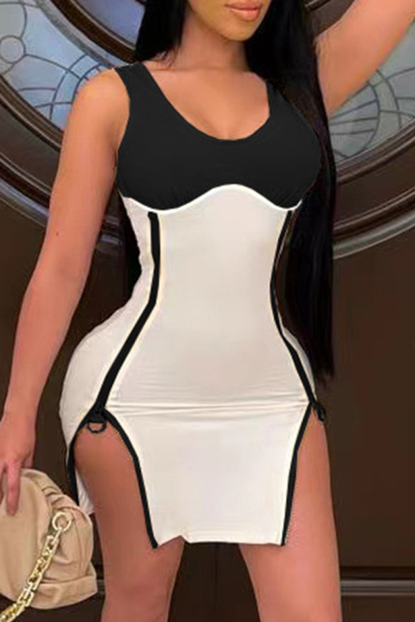 Black Fashion Sexy Patchwork Slit Zipper O Neck Sleeveless Dress