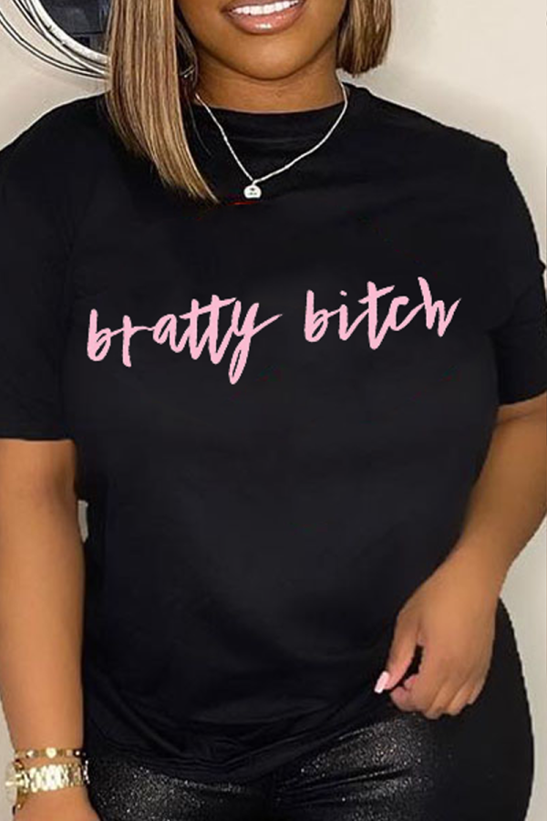 Black Street Daily Print Patchwork Letter O Neck T-Shirts
