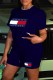 Deep Blue Casual Print Letter O Neck Short Sleeve Two Pieces