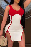 Red Fashion Sexy Patchwork Slit Zipper O Neck Sleeveless Dress