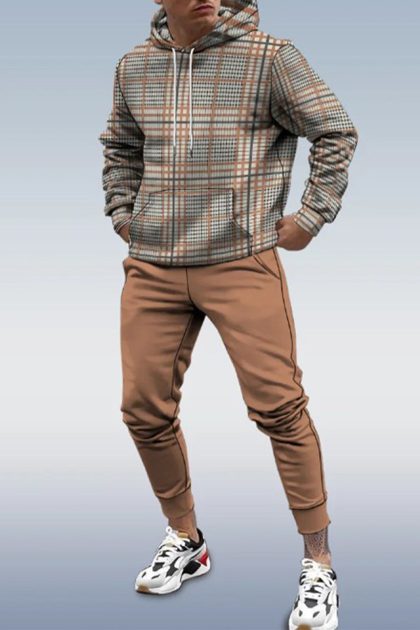 Khaki Men's Personalized Printed Hoodie Set 154
