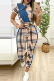 Khaki Casual Print Patchwork O Neck Short Sleeve Two Pieces