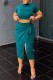 Peacock Blue Casual Letter Print Frenulum Slit Short Sleeve Two Pieces
