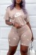 Khaki Street Print Letter O Neck Short Sleeve Two Pieces