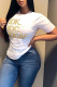 White Casual Daily Print Patchwork Letter O Neck T-Shirts