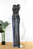 Apricot Sexy Patchwork Hot Drilling Slit O Neck Long Dress Dresses