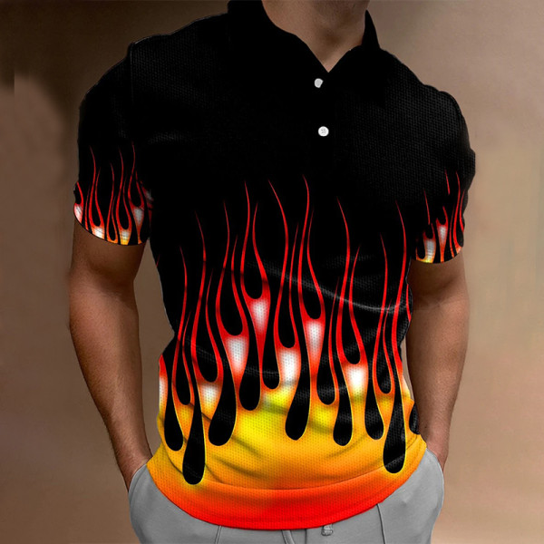 Black Red Men's Golf Shirt Flame Turndown Outdoor Street Polo Shirt
