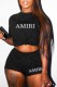 Black Casual Print Letter O Neck Short Sleeve Two Pieces