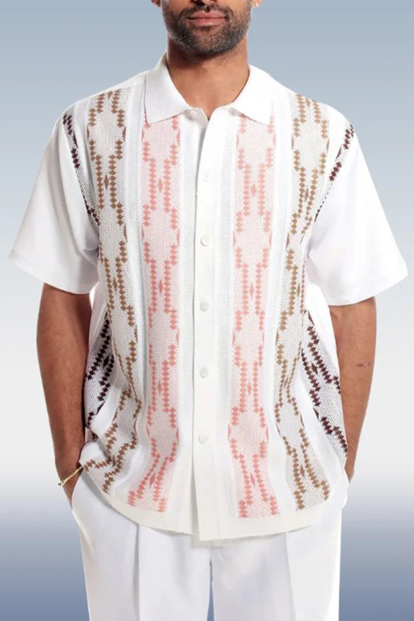 White Colorblock Two-Piece Short Sleeve Printed Walking Suit