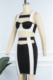 Black Sexy Patchwork Hollowed Out Backless Contrast Mandarin Collar Sleeveless Two Pieces
