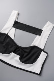 Black Sexy Patchwork Hollowed Out Backless Contrast Mandarin Collar Sleeveless Two Pieces