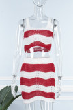 Red Sexy Casual Striped Print Backless Spaghetti Strap Sleeveless Two Pieces