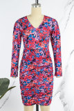 Fuchsia Casual Street Print Patchwork Fold V Neck One Step Skirt Dresses