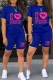 Deep Blue Casual Print Letter O Neck Short Sleeve Two Pieces
