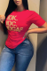 Red Casual Daily Print Patchwork Letter O Neck T-Shirts