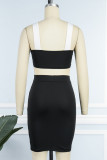 Black Sexy Patchwork Hollowed Out Backless Contrast Mandarin Collar Sleeveless Two Pieces